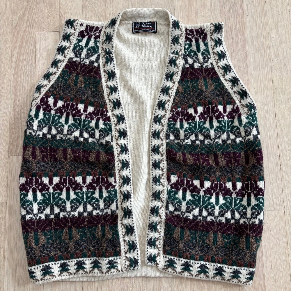 Alpaca Quitex Sweater Vest Unisex Large Cream Fair Isle Excellent 100% Alpaca